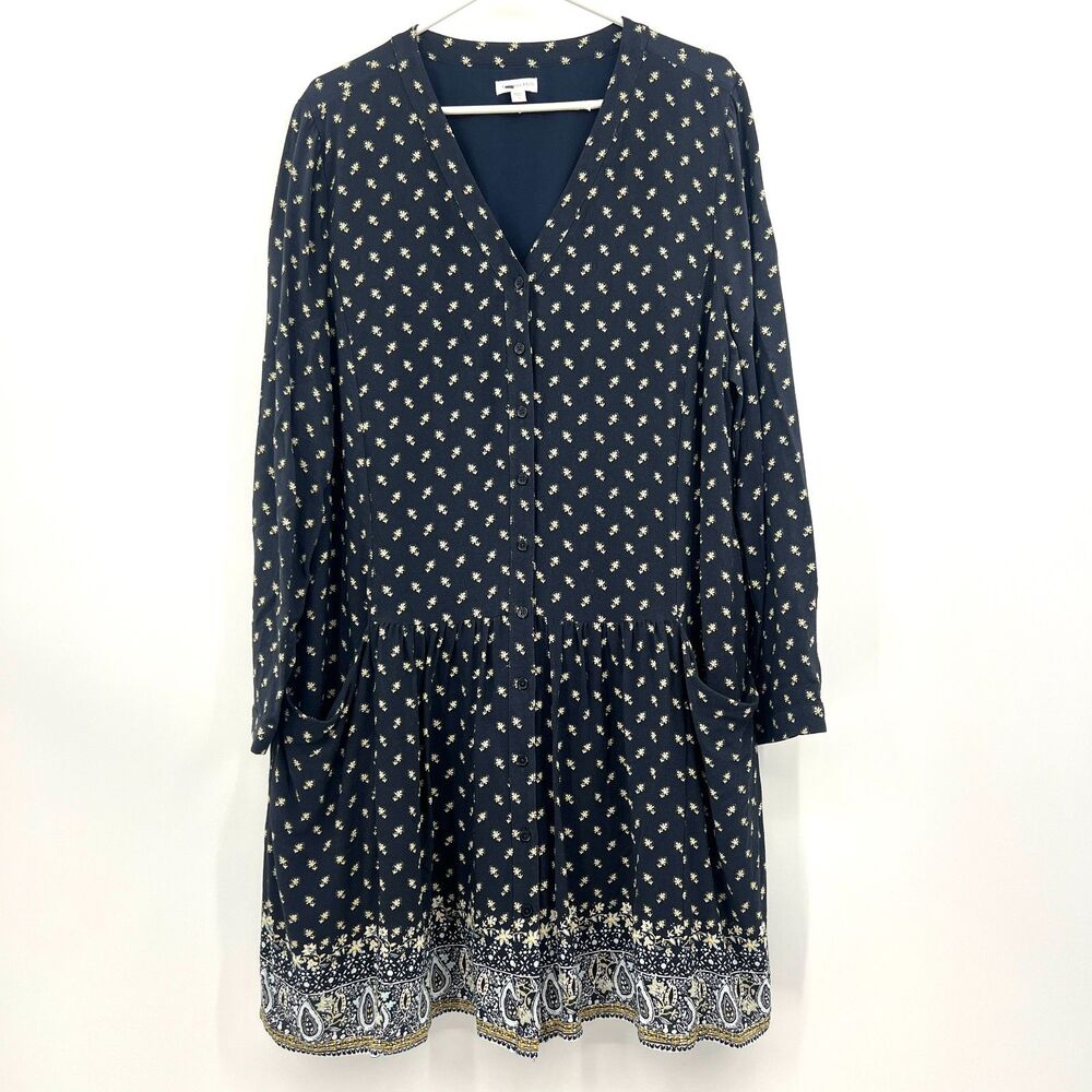 Garnet Hill Navy Floral Boho Dress Sz 18 Long Sleeve V-Neck Border Print Pockets